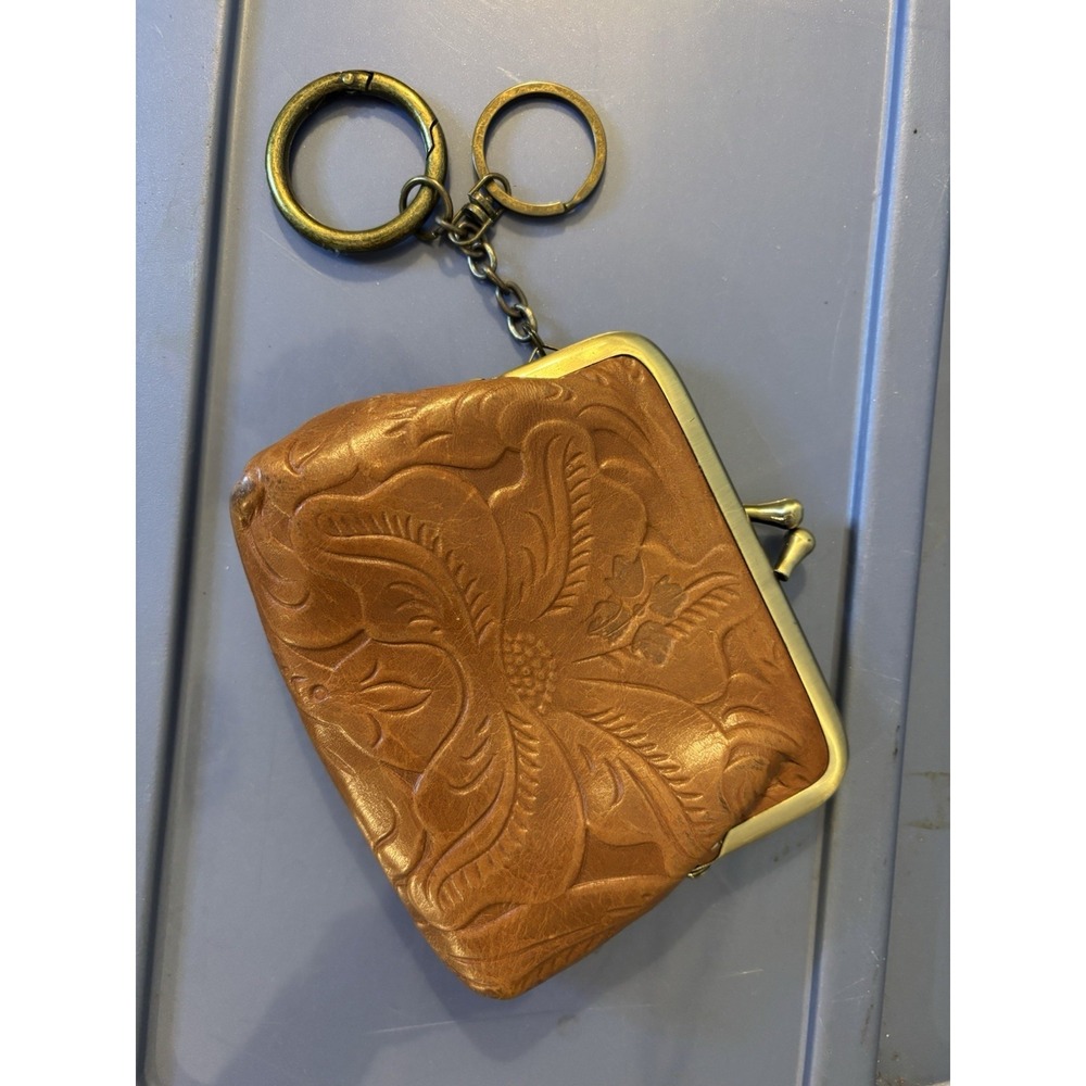 PATRICIA NASH Brown Tooled Leather Kiss Lock Change‎ Purse Key Chain